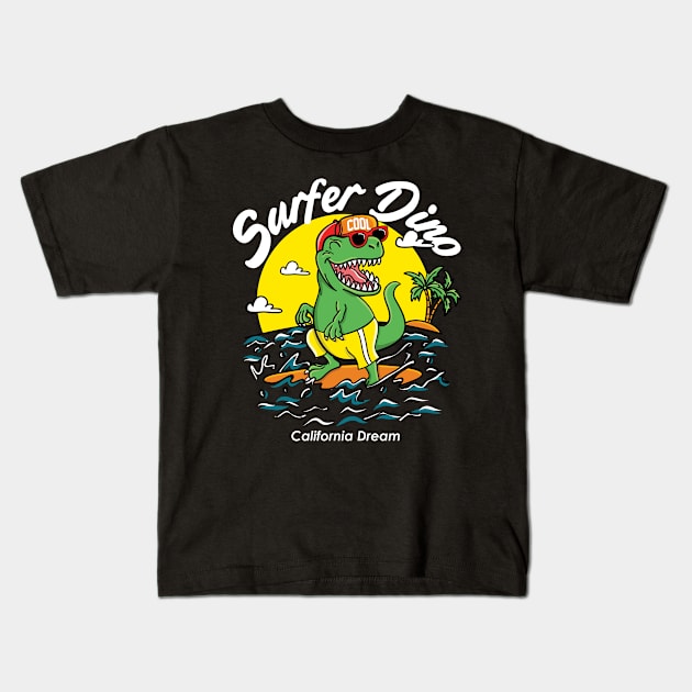 Surfer Dino Kids T-Shirt by D3monic